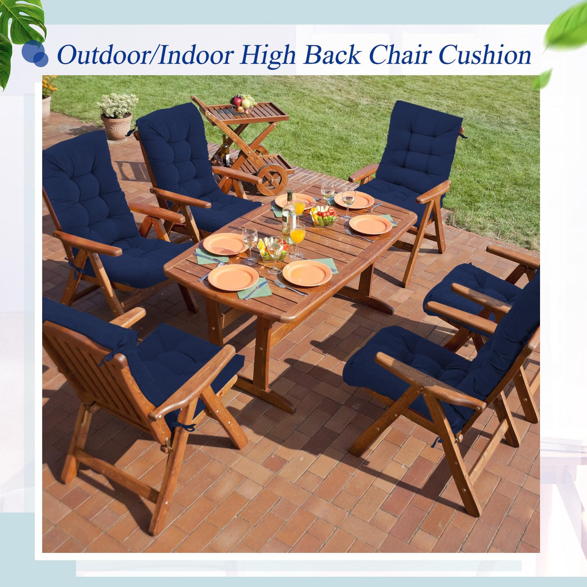 Juexica navy cushions in a cozy outdoor seating setup.