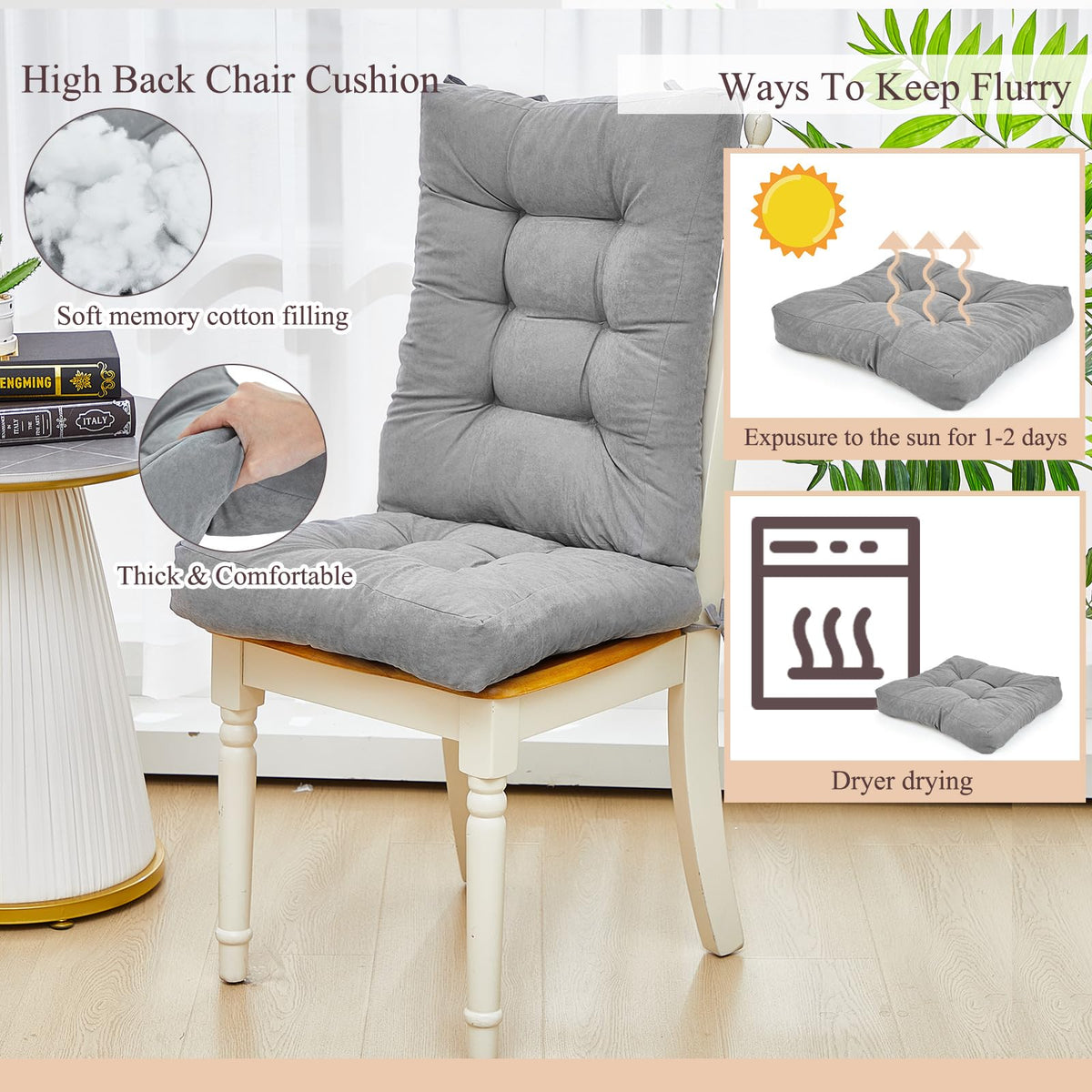 Juexica tufted gray patio cushions add plush comfort to lounge chairs.