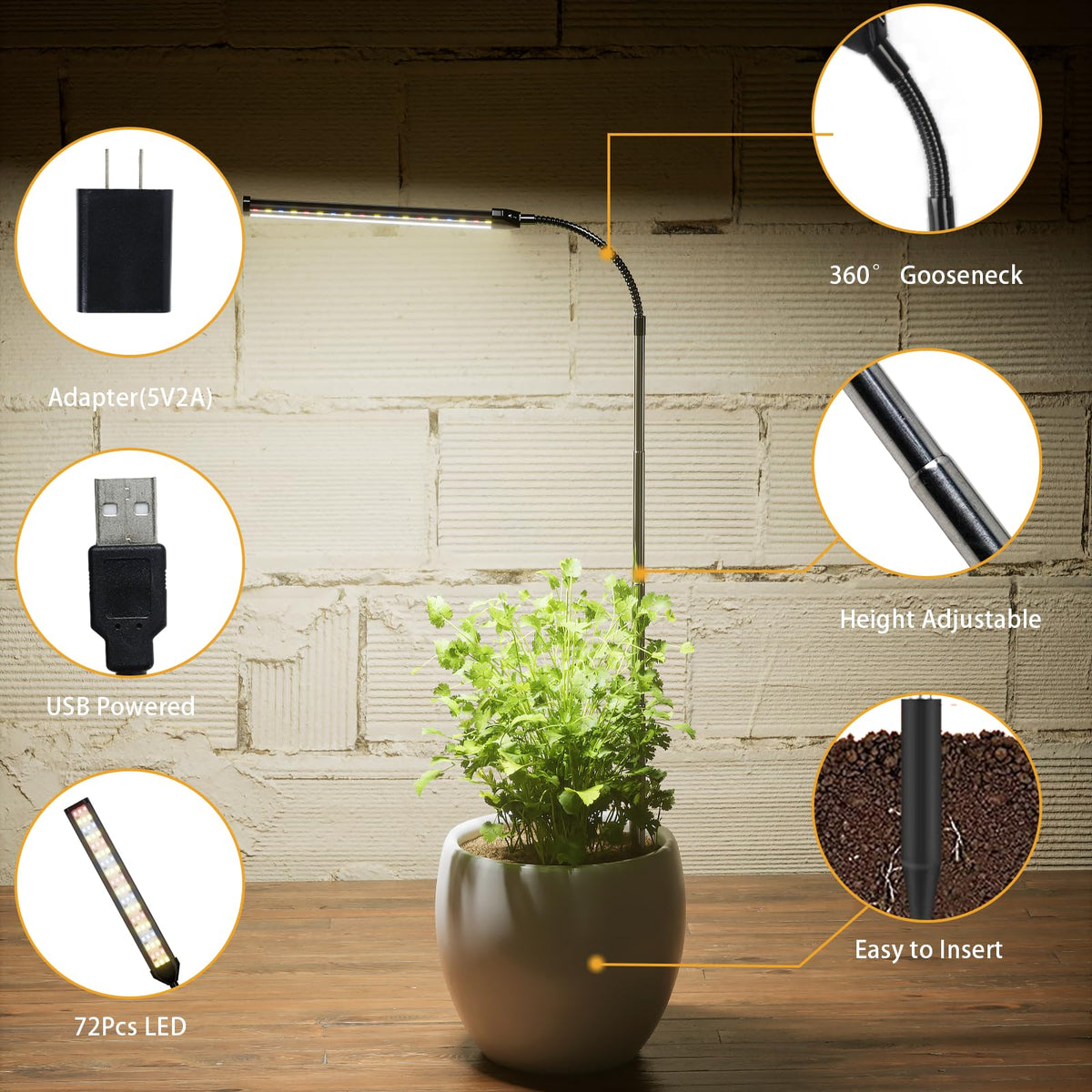 Juhefa grow light with USB cable for flexible placement.