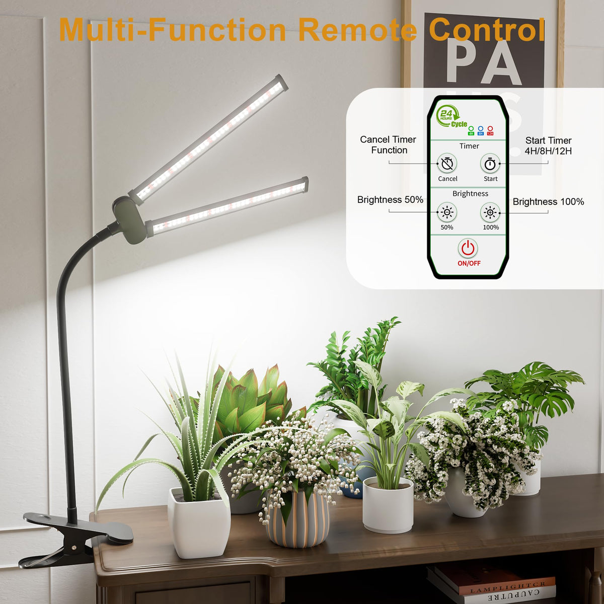 Juhefa LED Grow Light desk clamp providing easy, damage-free setup for plants.
