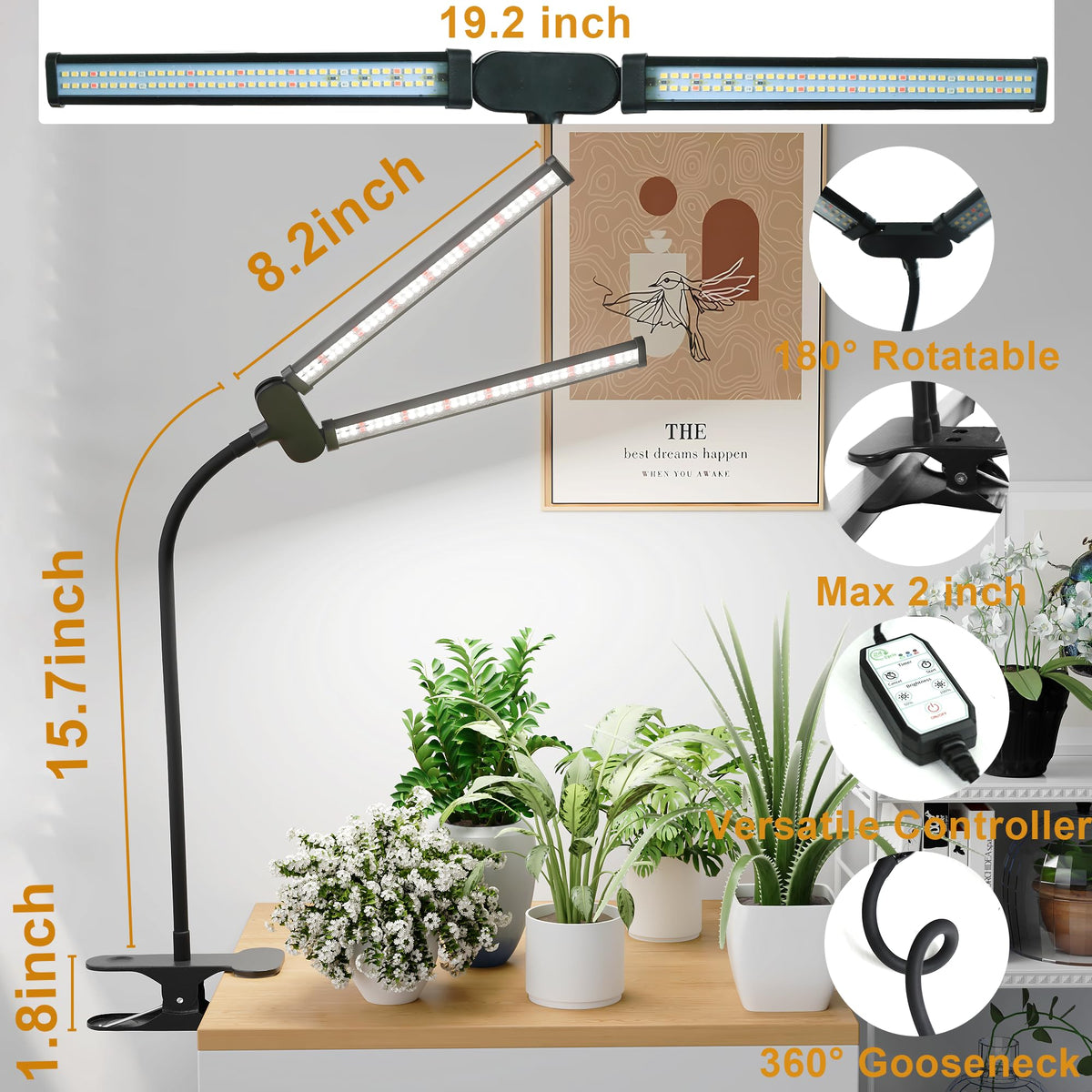 Juhefa LED Grow Light ideal for indoor plants setup on a desk.