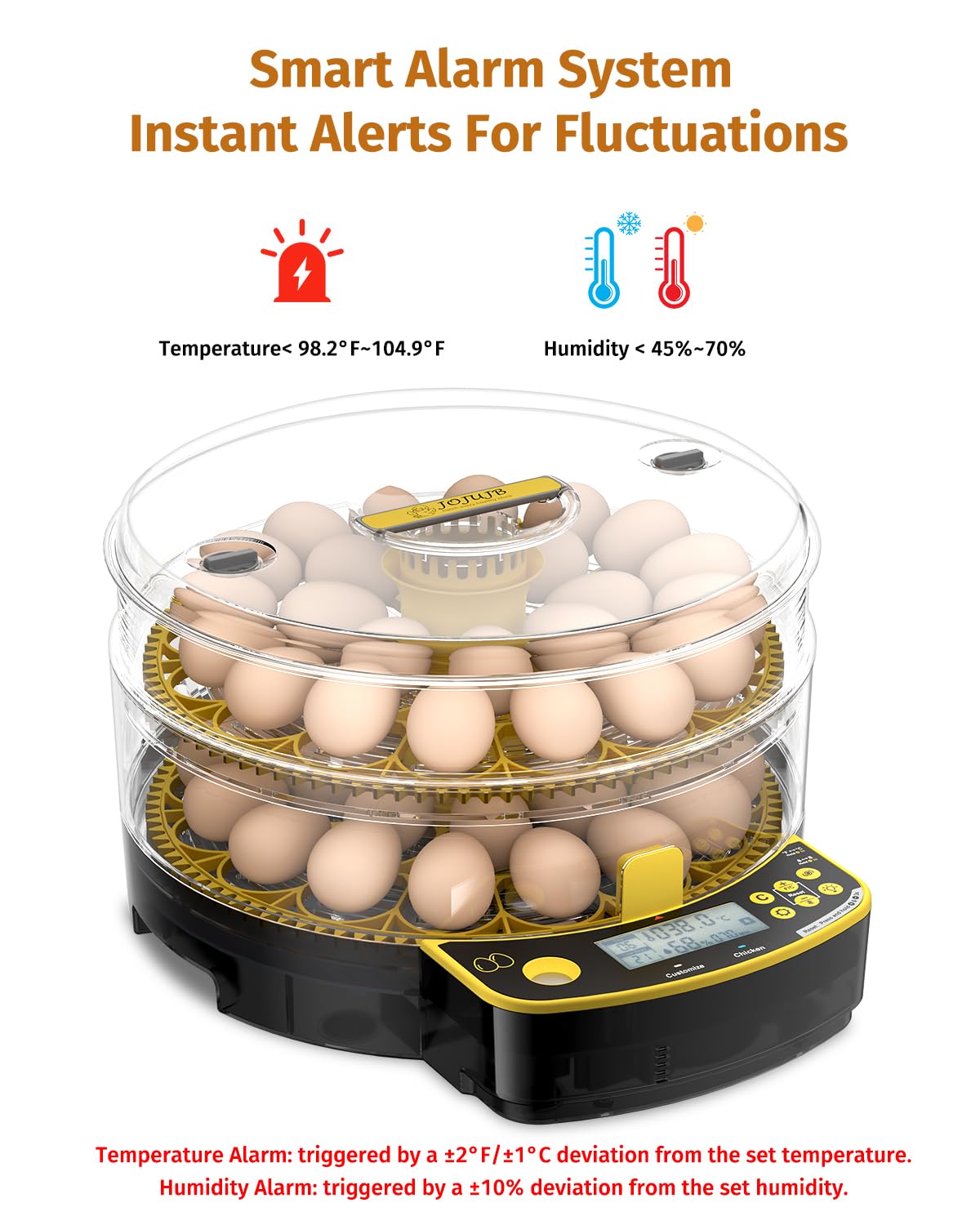 JUJOJB 48-egg incubator control panel with real-time readings