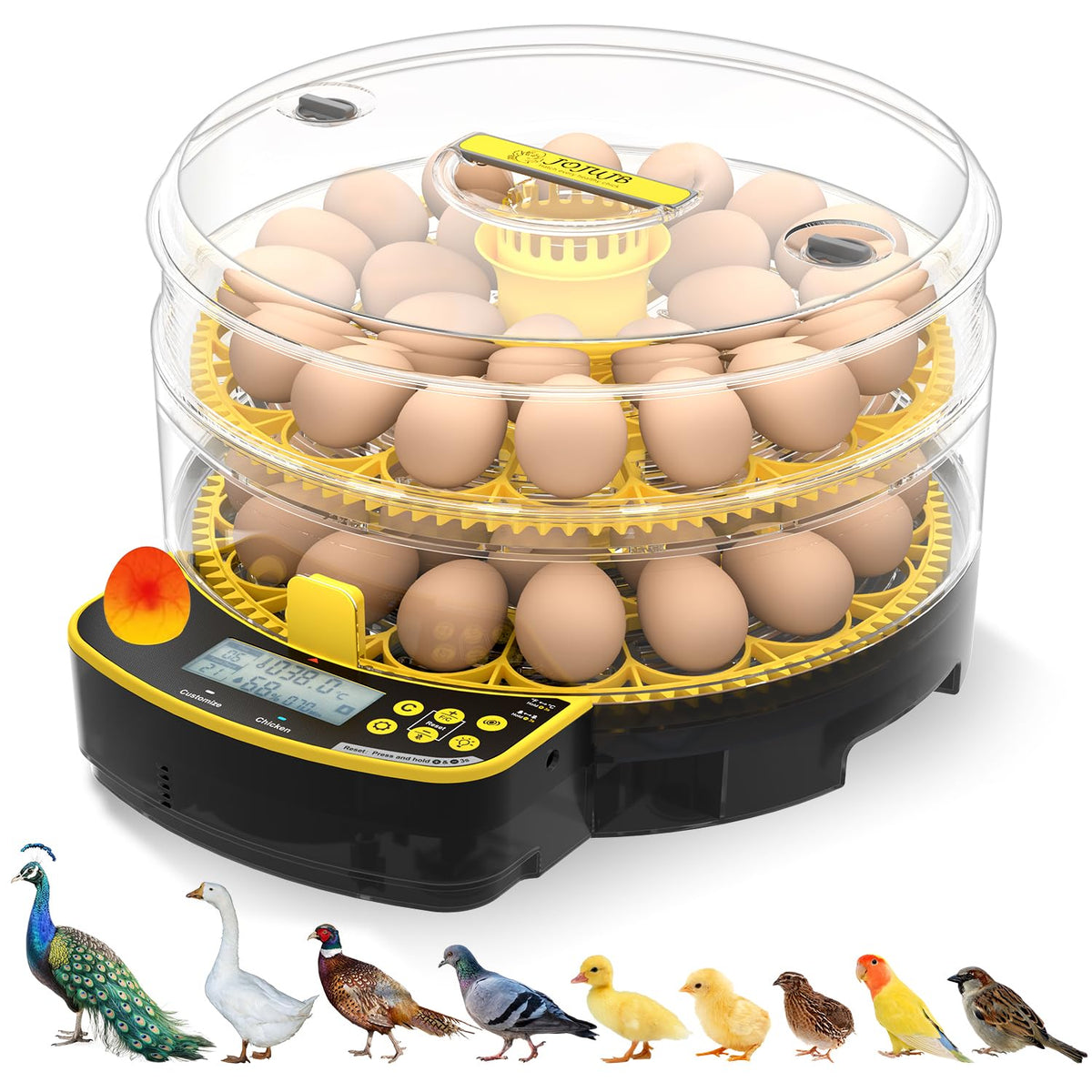 JUJOJB 48-egg incubator front view with auto turning for even heating