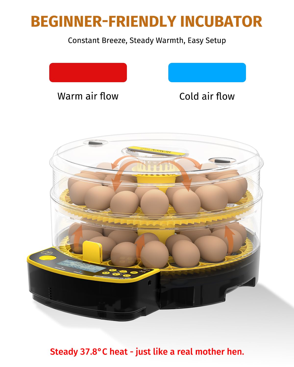 JUJOJB 48-egg incubator top view showing compact control panel for monitoring
