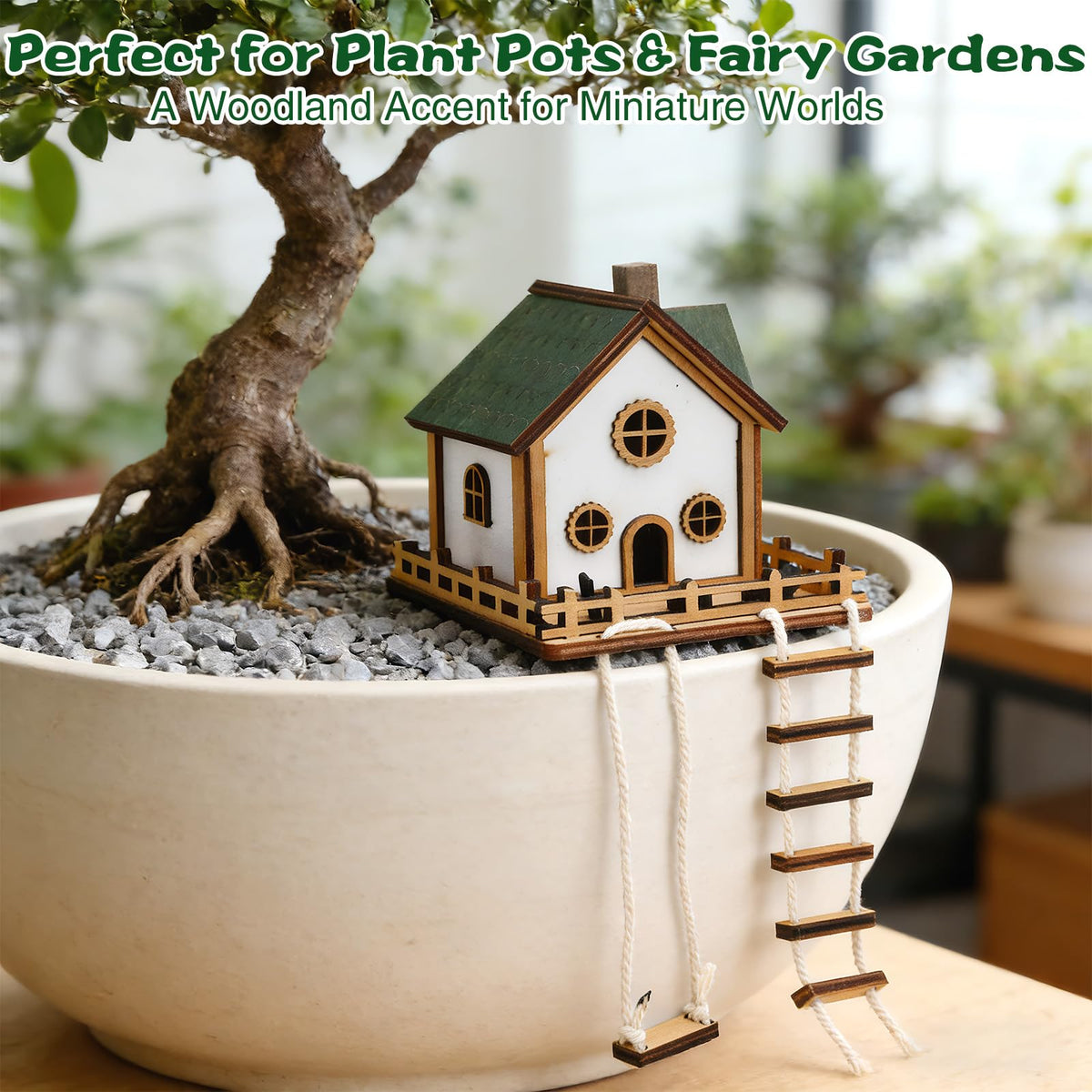 JULEASEL Fairywood Mini Treehouse perched in a plant pot enhances display.