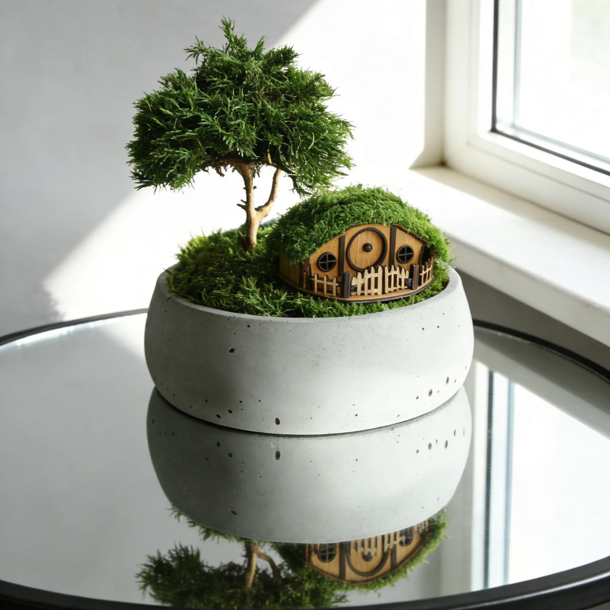 JULEASEL Mosswood Mini Treehouse plant setup offers a whimsical shelter for fairy garden scenery