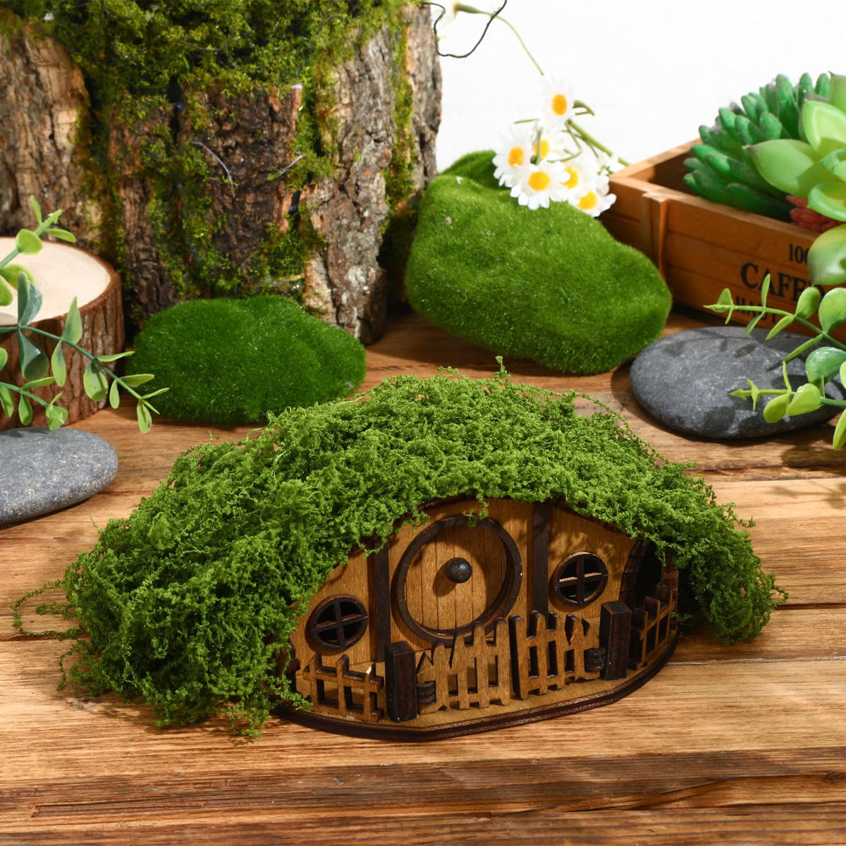 JULEASEL Mosswood Mini Treehouse terrarium scene enhances plant displays with natural, forest-like character