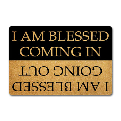 Julia doormat at the front door with blessed design, welcomes guests.