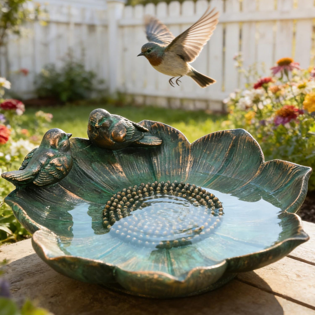 Juliahestia bronze bird bath with flower bowl and birds for outdoor decor.