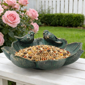 Juliahestia bronze bird feeder bowl with figurines for yard feeding.