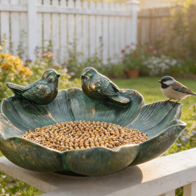 Juliahestia shallow tray supports small birds for feeding or drinking.