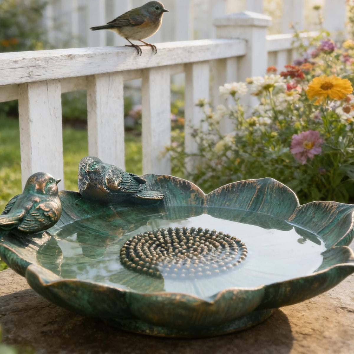 Juliahestia weather-resistant resin bird bath built for sun and rain.