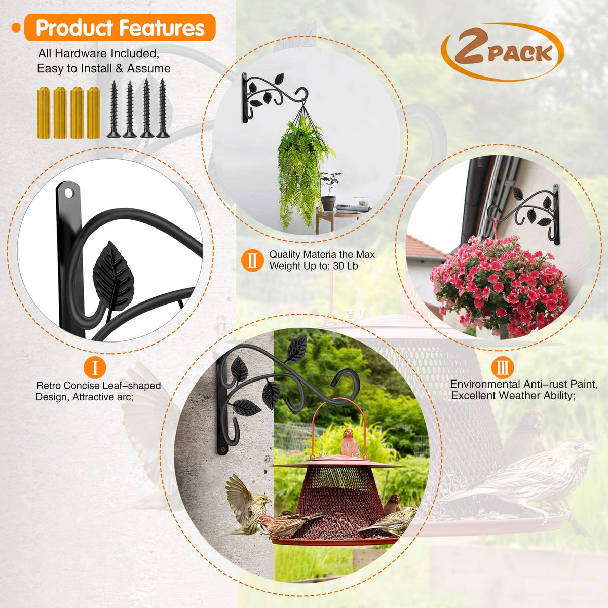JUNBEI wall-mount hanging plant hook provides sturdy outdoor support.