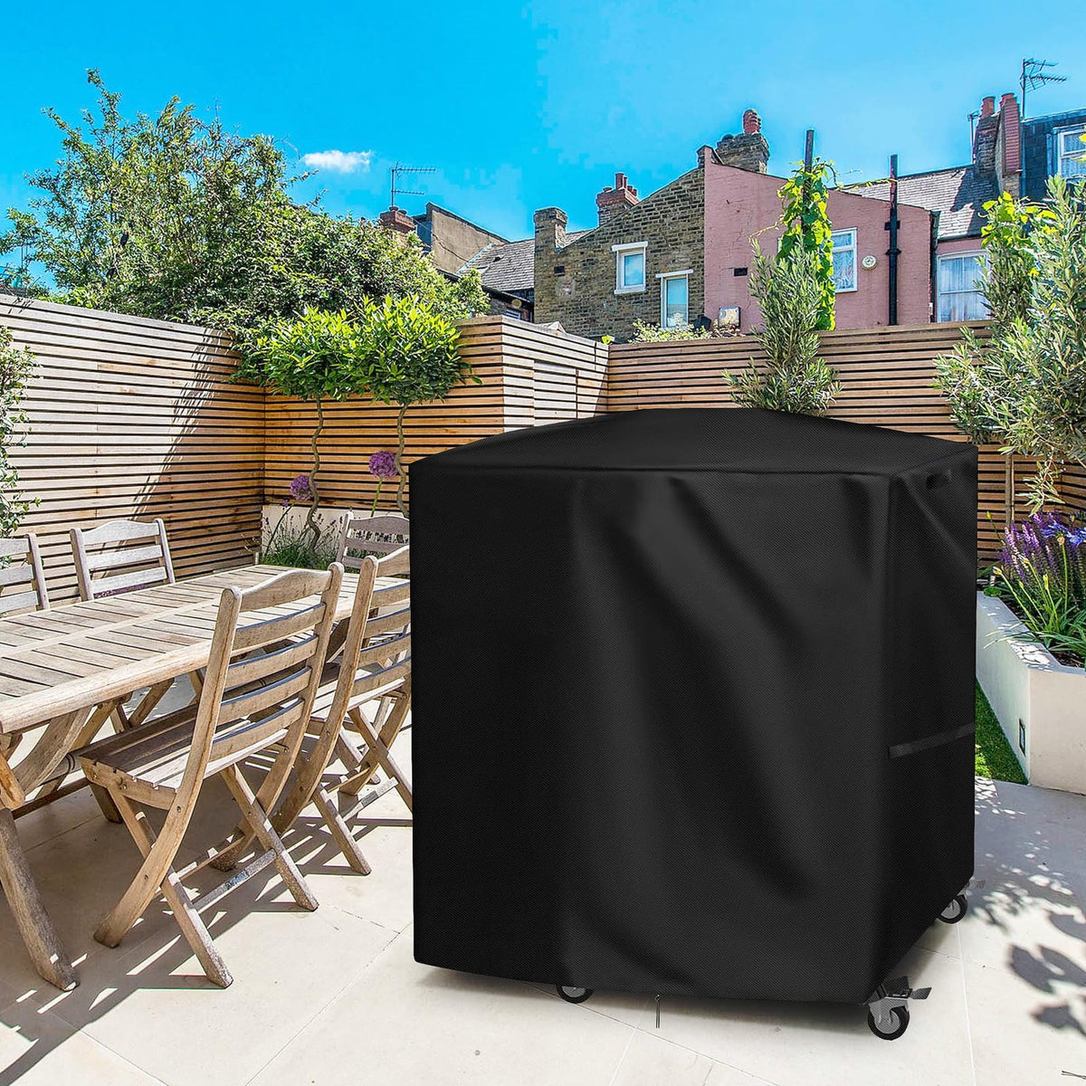 Jungda prep-cart compatible grill cover in an outdoor setup