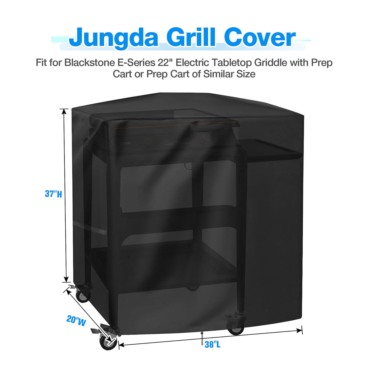 Jungda grill cover with windproof drawstring showing secure fit on griddle