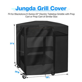 Jungda grill cover with windproof drawstring showing secure fit on griddle