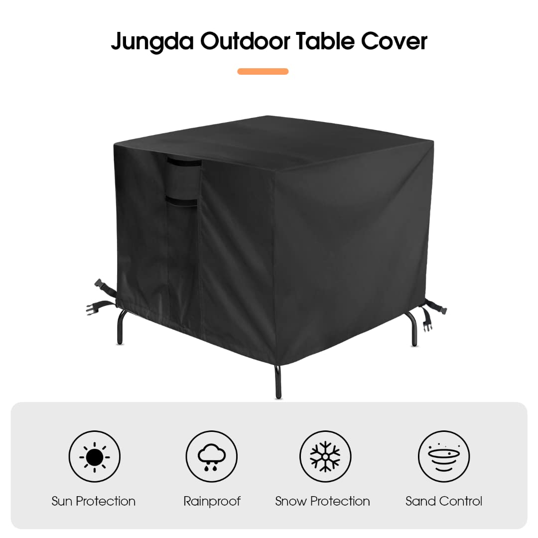 Jungda outdoor cover on a 28x28 inch table on a patio shows seasonal protection.