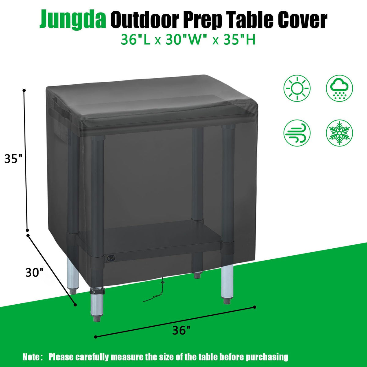 Jungda Outdoor Prep Table Cover shows waterproof coating protecting the surface during rain.
