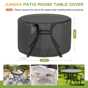 Jungda round table cover with secure straps demonstrates wind resistance and stability