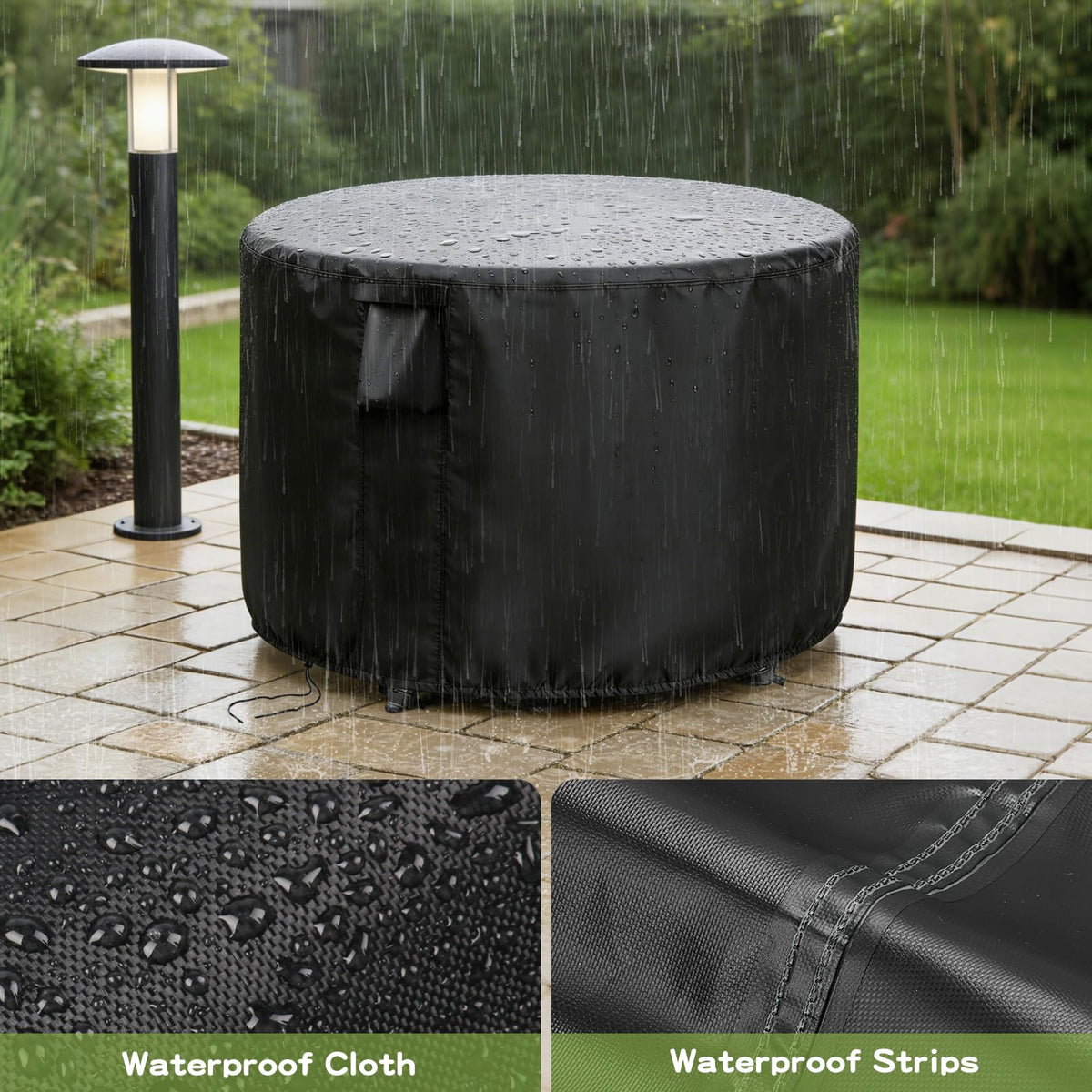 Jungda round table cover includes buckled straps for wind resistance.