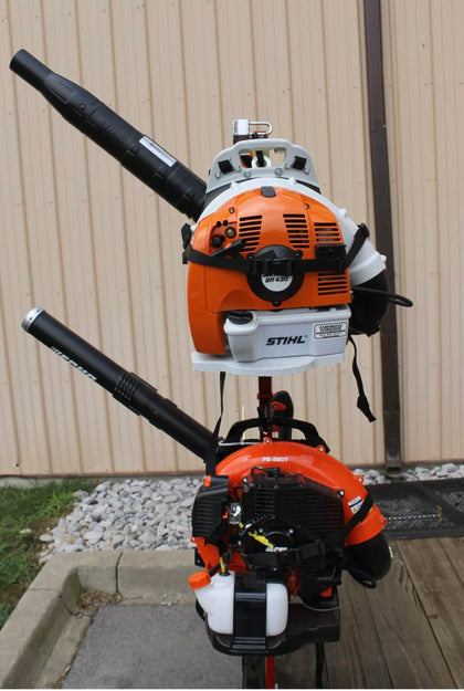 Jungle Jim's 2-Backpack Blower Holder Rack front view secures two blowers for organized transport.