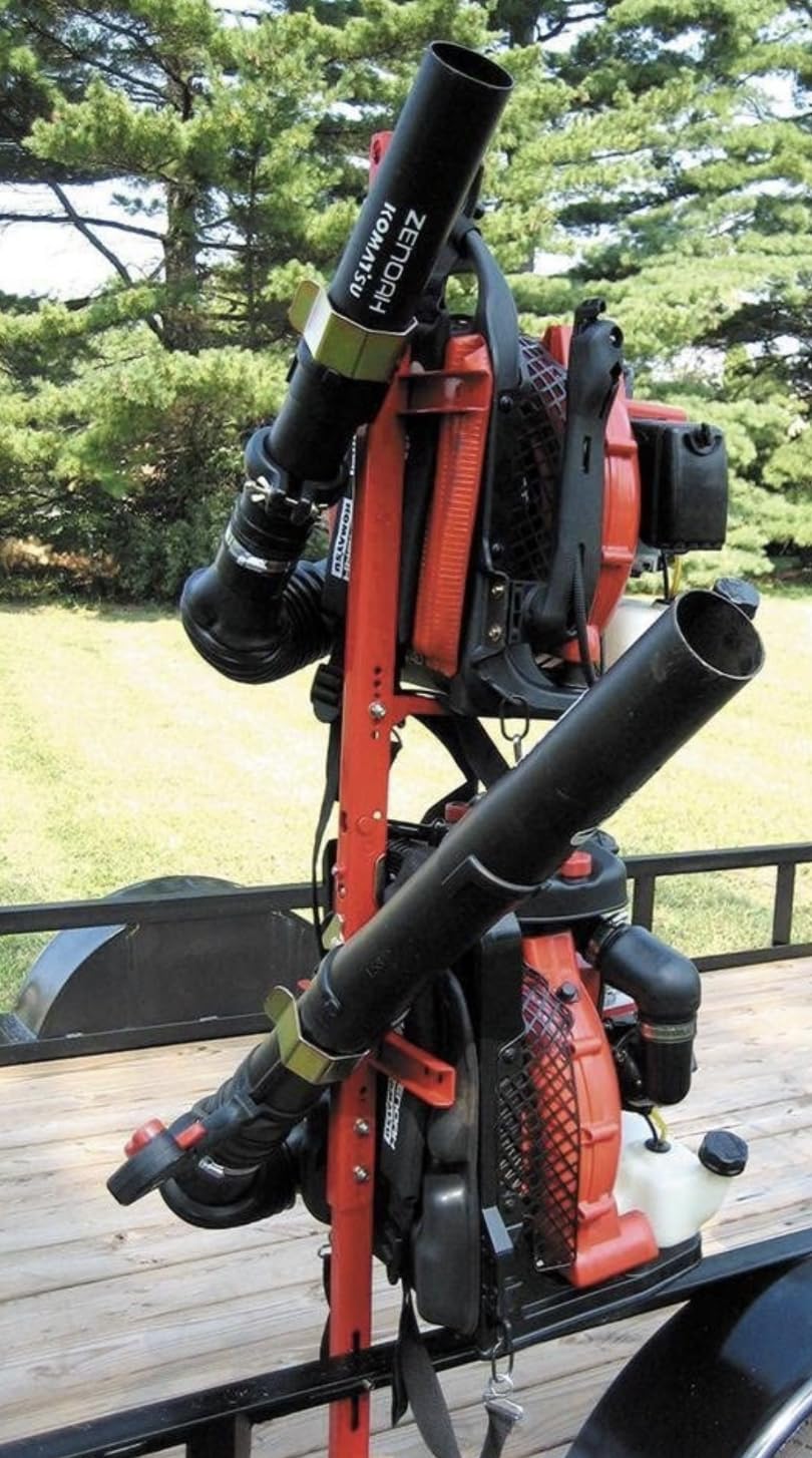 Jungle Jim's 2-Backpack Holder Rack side view shows adjustable height for stability.