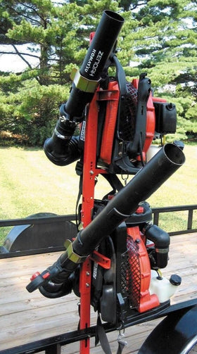 Jungle Jim's 2-Backpack Holder Rack side view shows adjustable height for stability.
