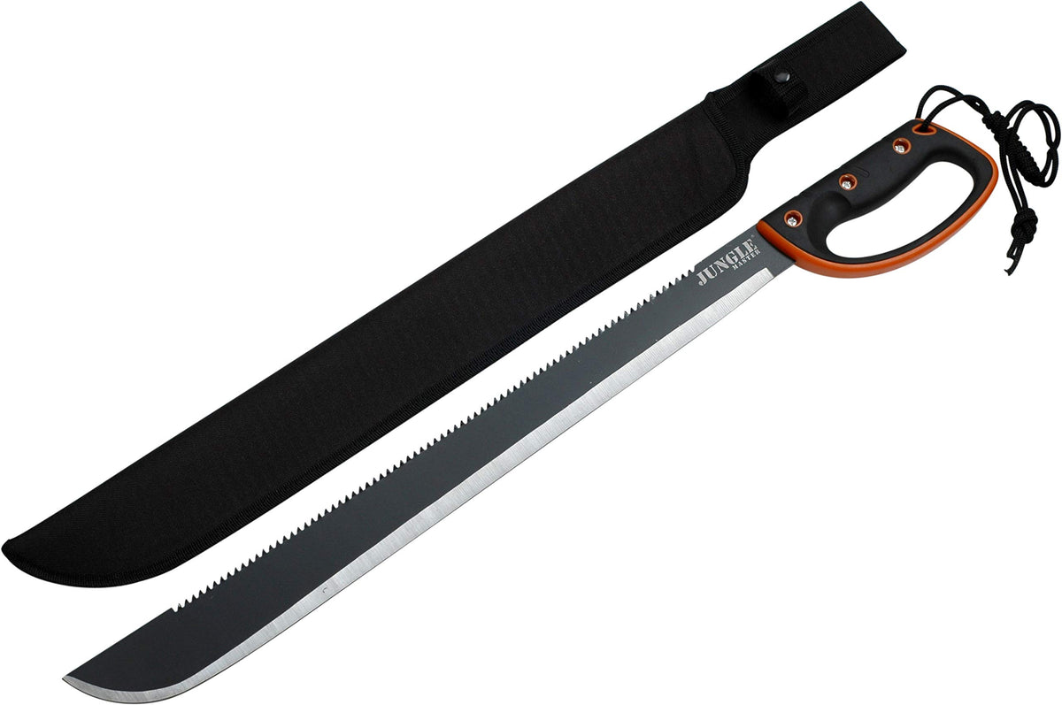Jungle Master JM-024L handle and sheath provide secure grip and safe transport.