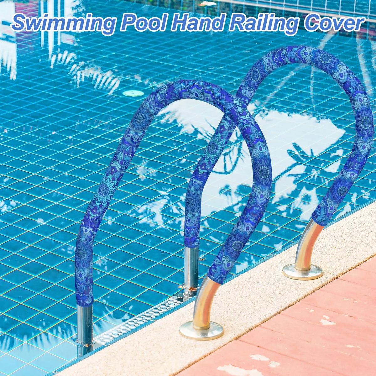 Installed Junkin pool handrail cover on blue rail for safety and grip