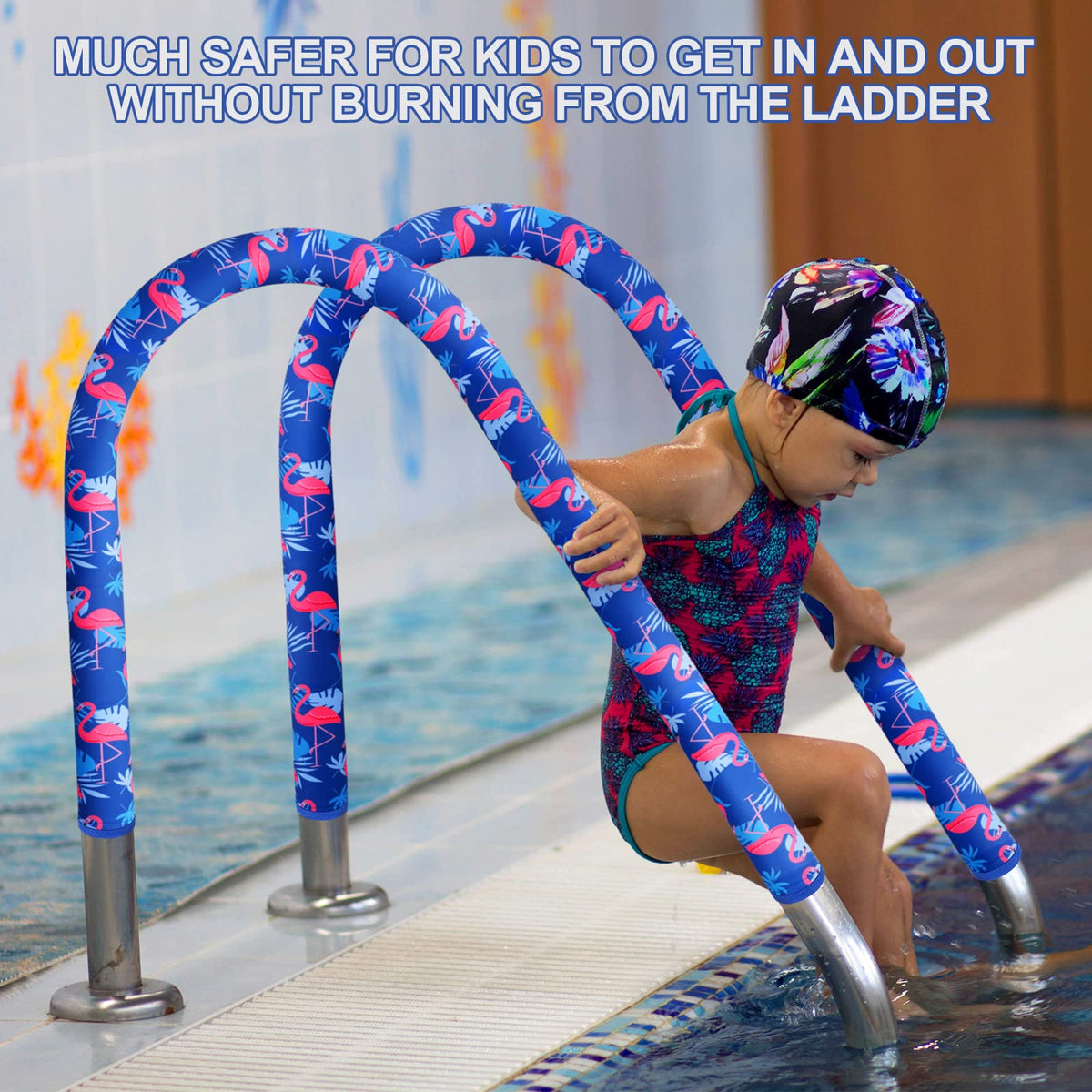 Junkin neoprene handrail cover 8ft blue close-up demonstrates durable slip resistance.