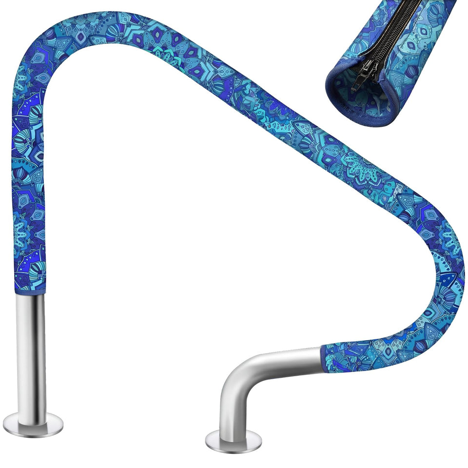 Junkin blue mandala pool handrail cover, 6 ft length, for inground pools, enhances grip and visibility.