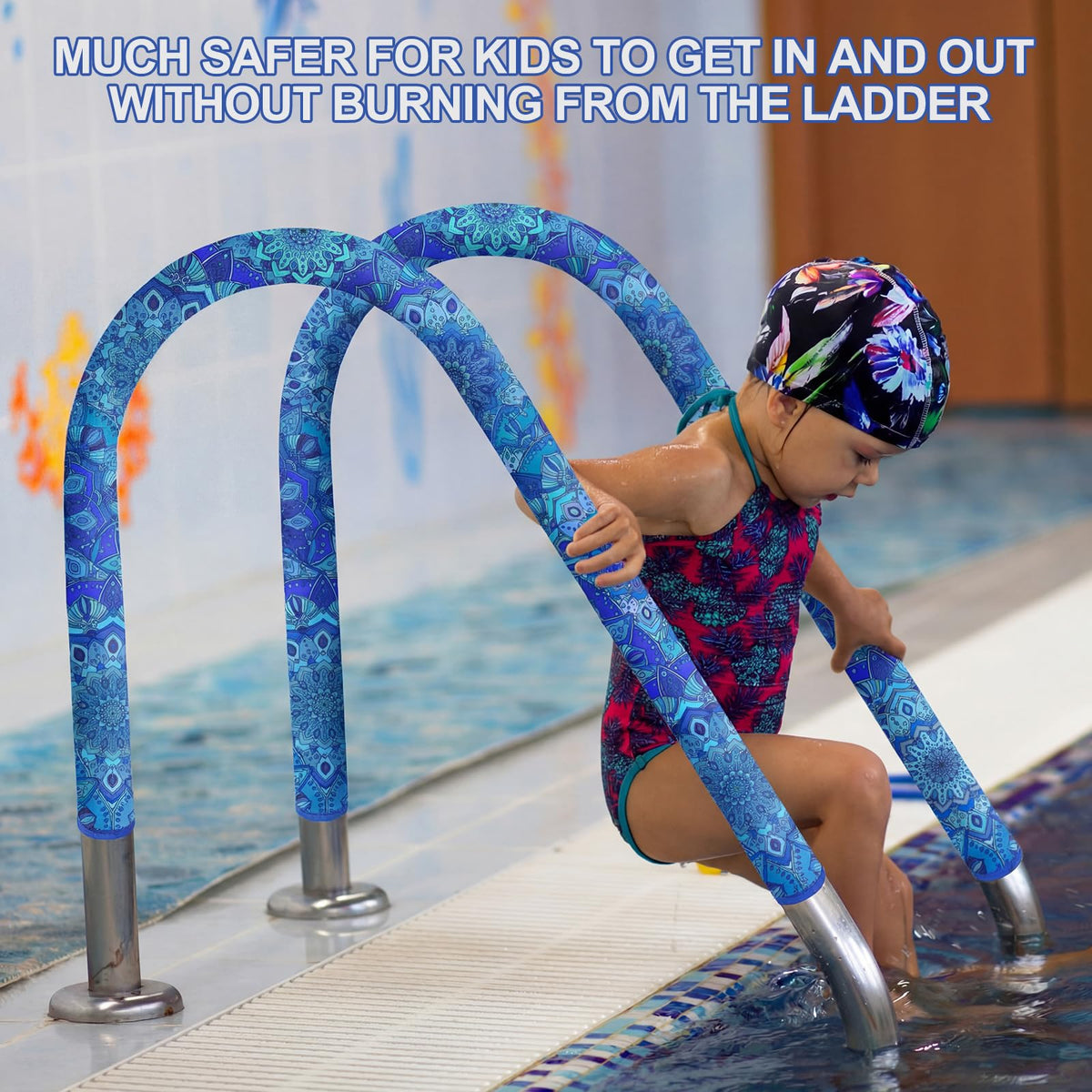 Blue mandala Junkin handrail cover visibly placed on pool rail