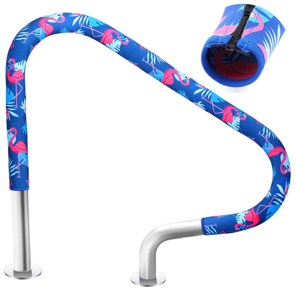 Junkin pool handrail cover with flamingo-blue design improves grip in wet conditions.