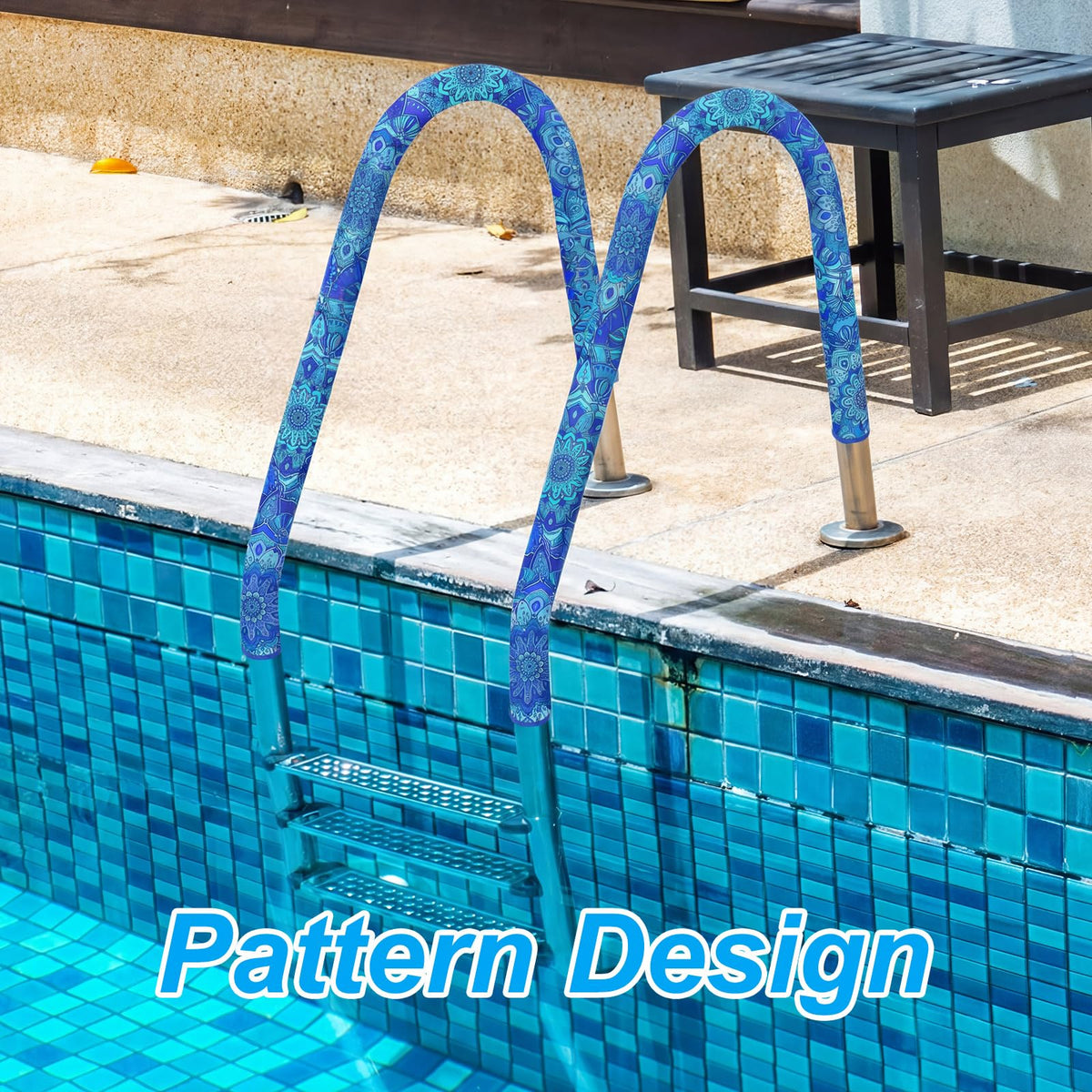 Junkin pool handrail cover installed on spa and pool rails in blue