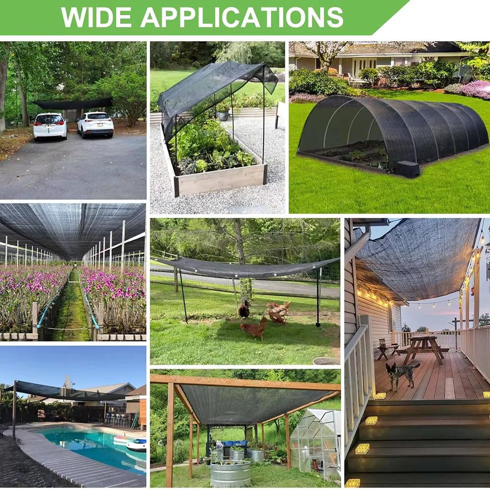 JUNKOGO shade cloth used in multiple outdoor setups for sun regulation