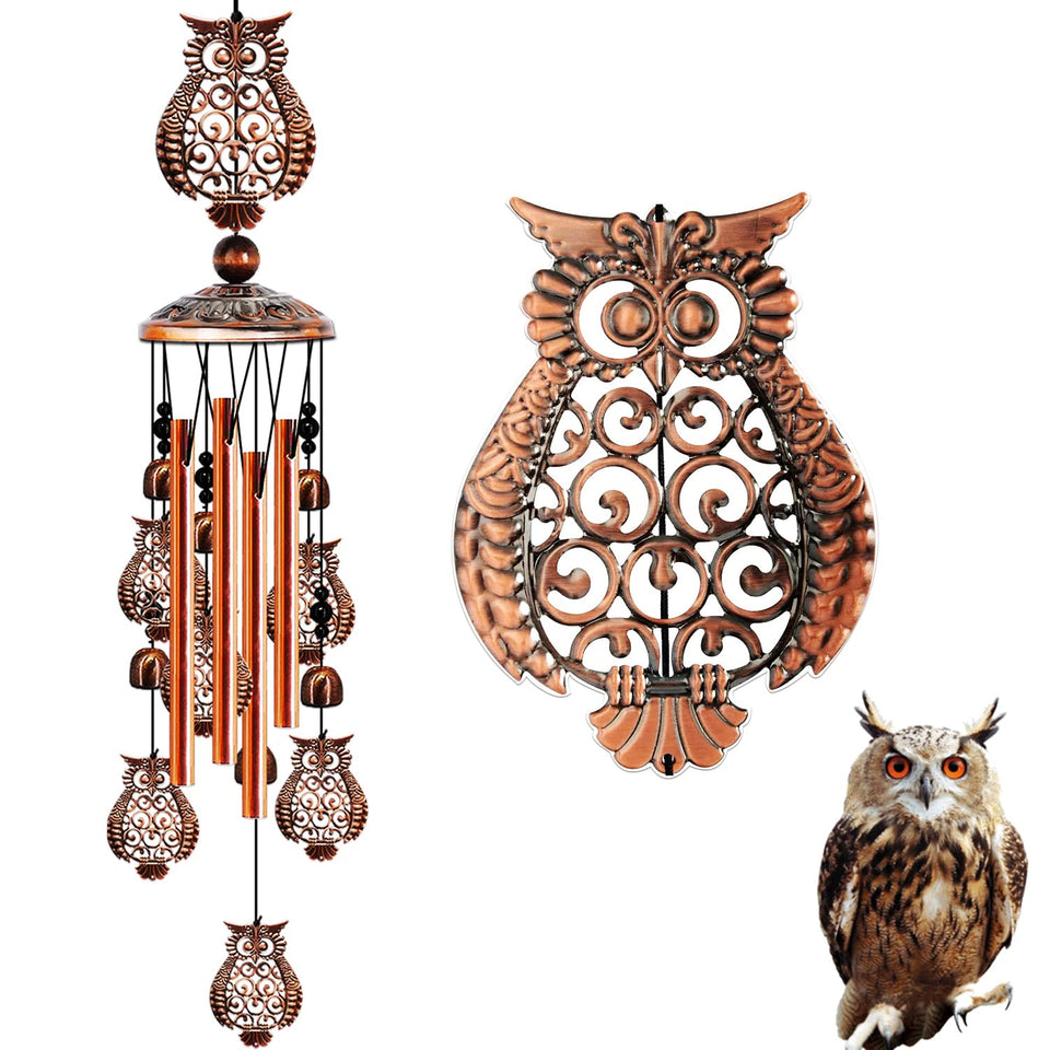 JUNQIU Owl Wind Chimes outdoors create a calming garden ambiance.