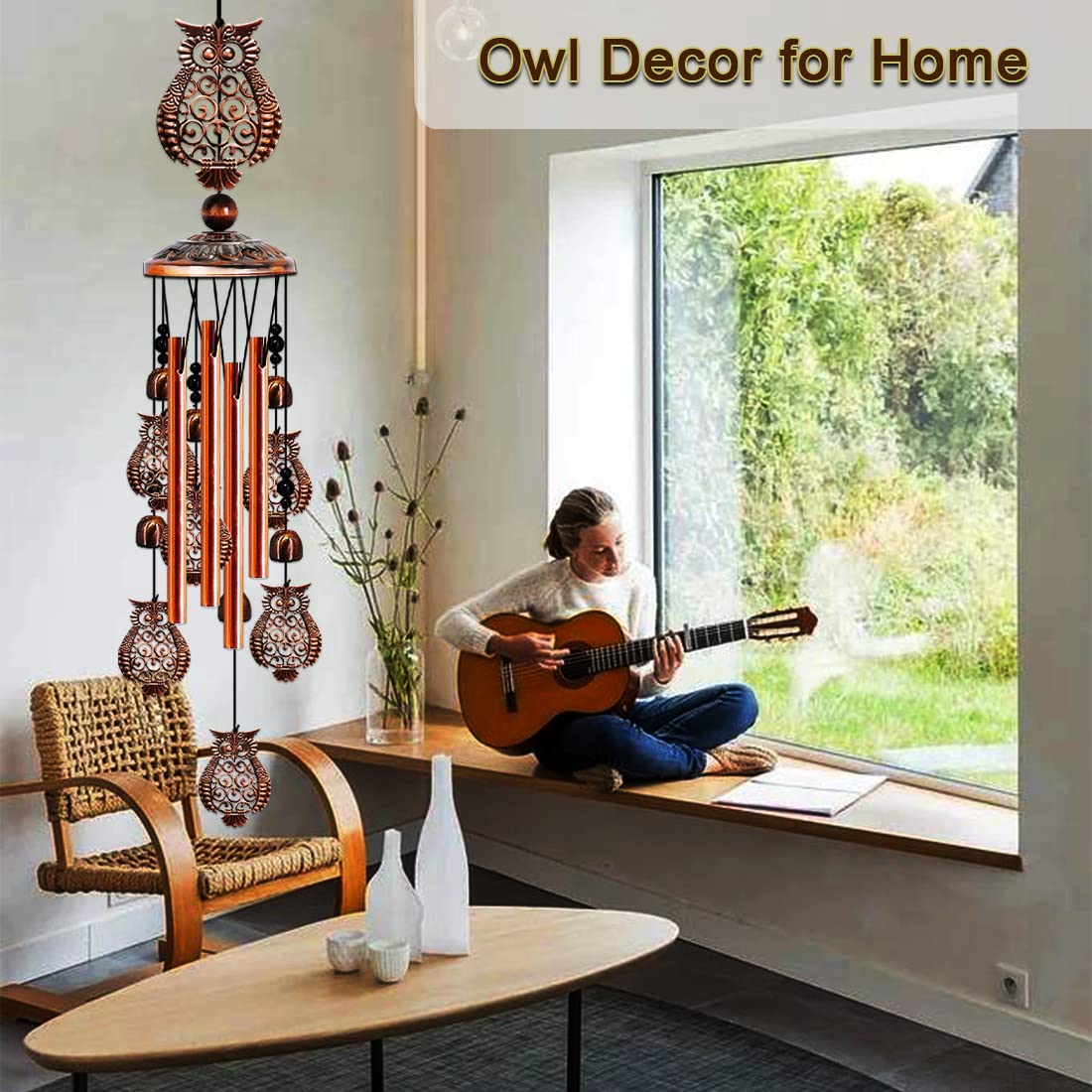 JUNQIU Owl Wind Chimes on porch provide serene, harmonious tones.