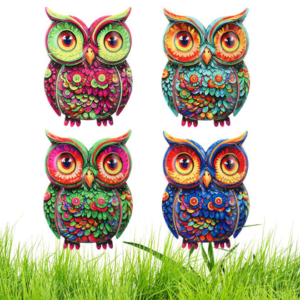 Junware metal owl wall decor set enhances outdoor walls with four colorful sculptures and weather-resistant finish.