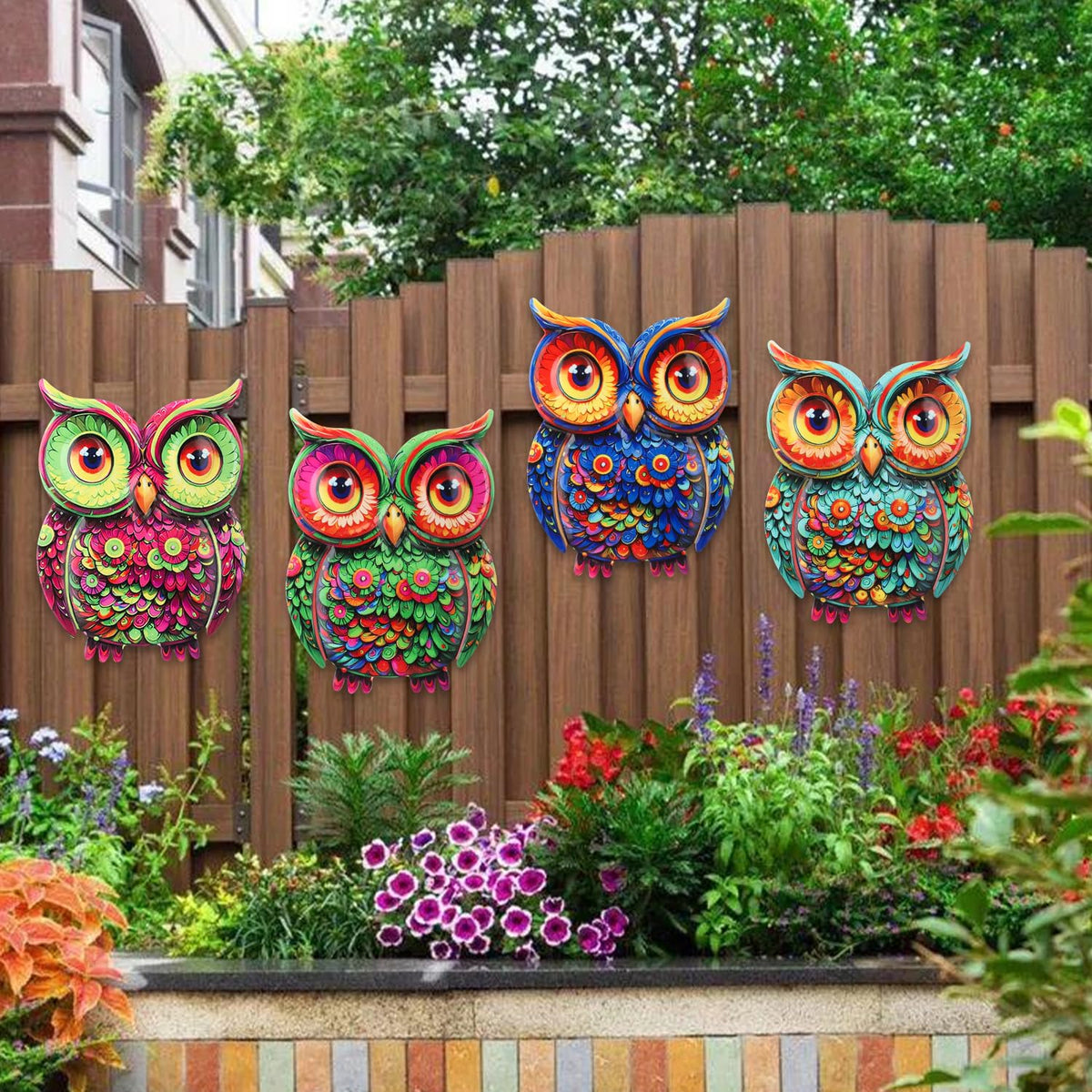 Junware owl wall art iron sculptures hanging adds vivid color to fences or patios.