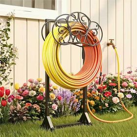 JUNYIYOUO hose holder arch frame keeps outdoor hoses tidy and accessible.