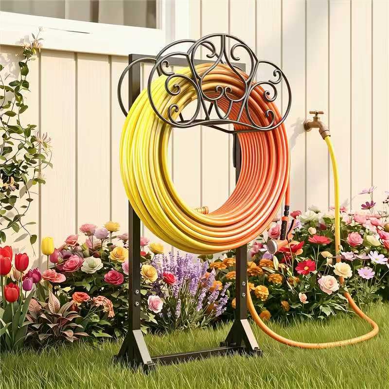 JUNYIYOUO hose holder arch frame keeps outdoor hoses tidy and accessible.