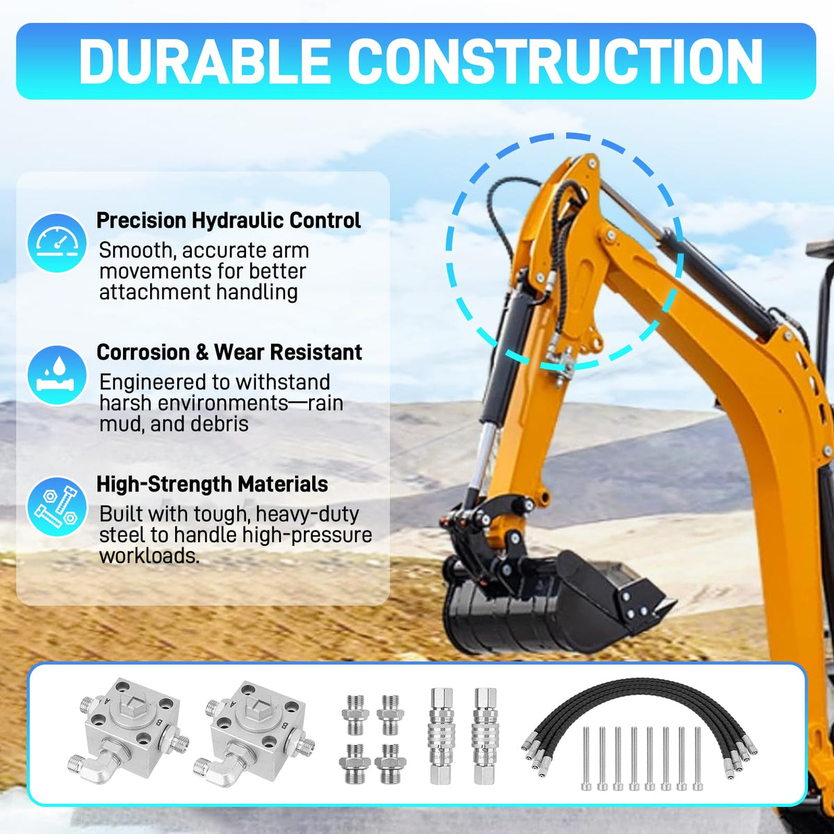 Jurplix 31-inch hose set neatly routed for flexible auxiliary hydraulics on small excavator