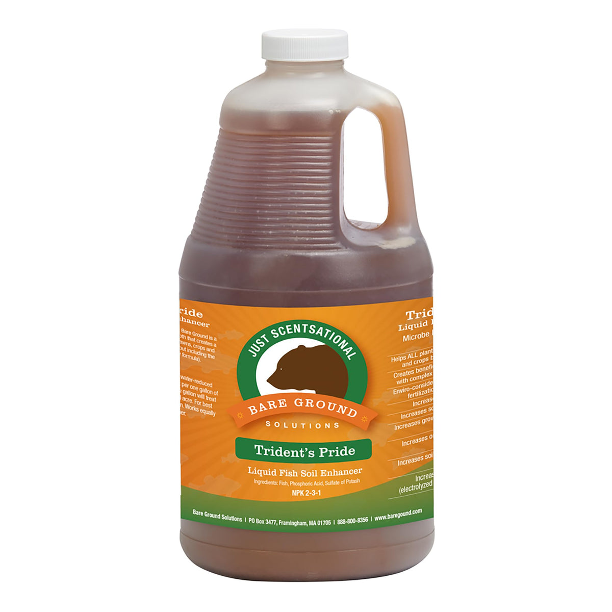 Just Scentsational Trident's Pride liquid fertilizer bottle promotes nutrient-rich soil