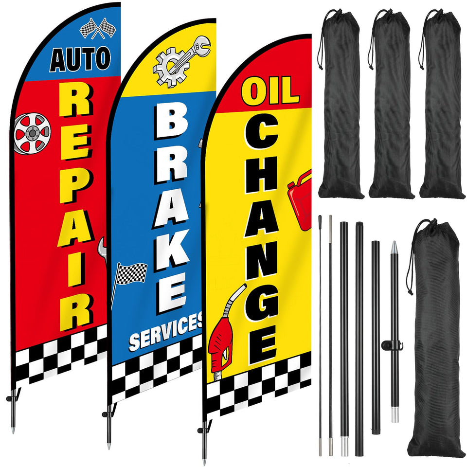 Justforjoyful 3 pack oil change feather flag for outdoor visibility and roadside promotions.