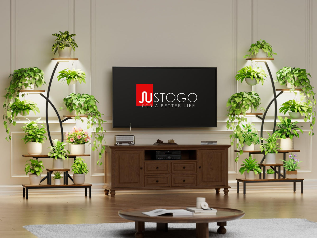 JUSTOGO 63-inch plant shelf in living room corner showcases lush indoor greenery and space-saving design