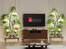 JUSTOGO 63-inch plant shelf in living room corner showcases lush indoor greenery and space-saving design