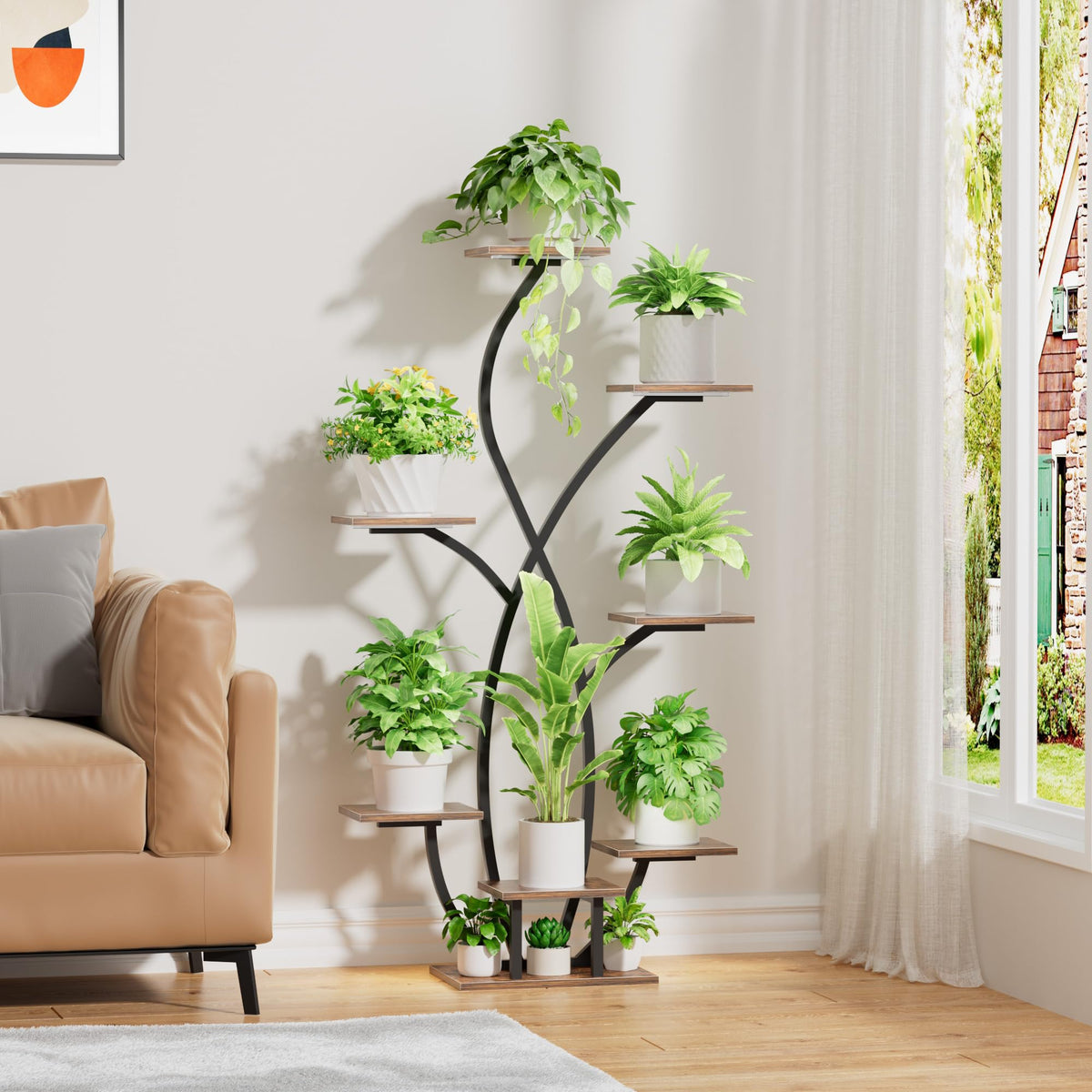 JUSTOGO corner seven-tier plant shelf organizes small pots stylishly.