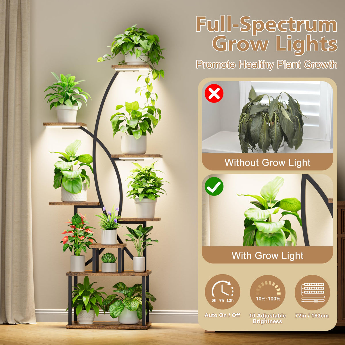Justogo plant stand 65-inch height fits corners while holding several pots.