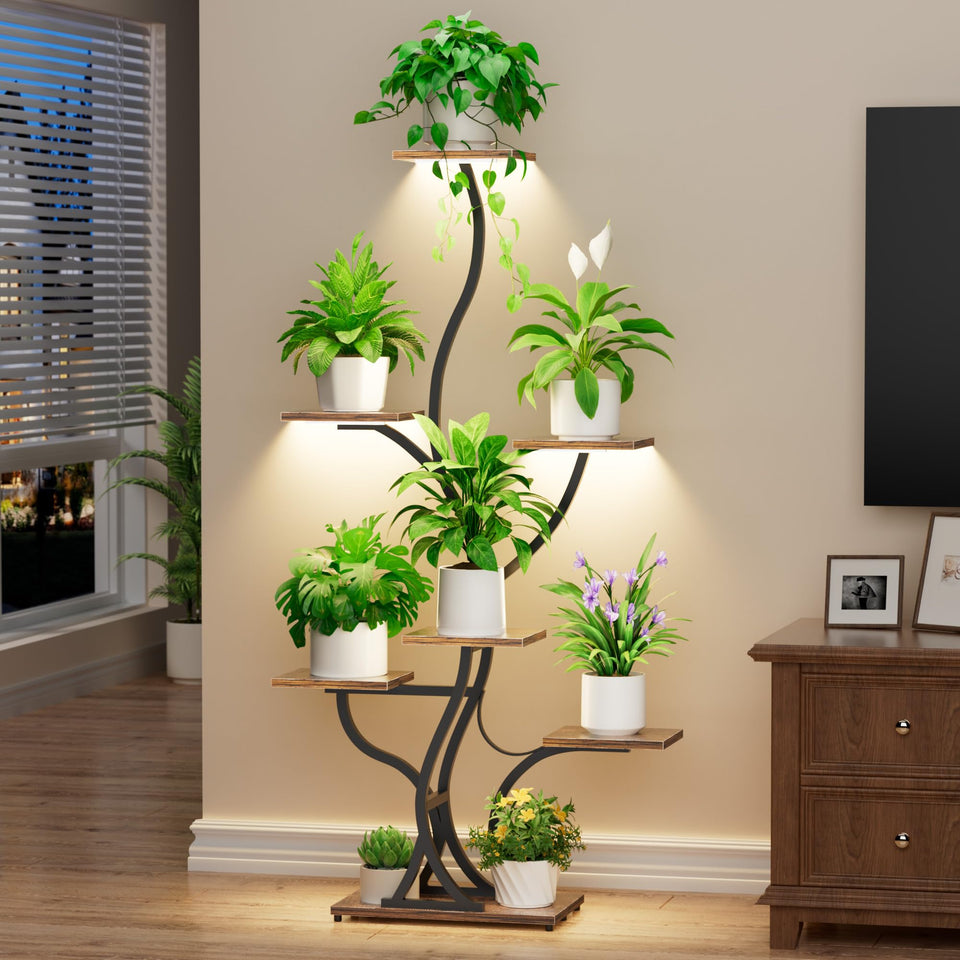 JUSTOGO plant stand with branch design showcases greenery in a modern living room.