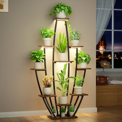 JUSTOGO plant stand with grow lights front view showing 10 tiers and lush greenery